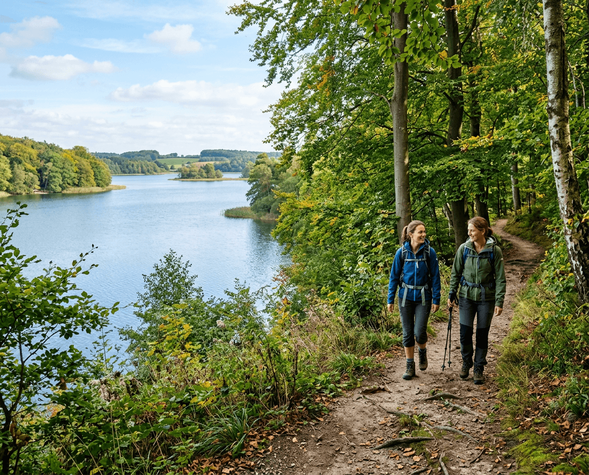 Zwei Wandernde auf Uferweg über dem Plöner See in der Holsteinischen Schweiz